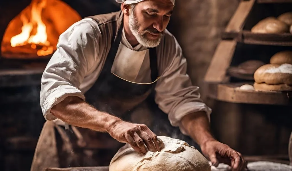 padeiro-preparando-pão-rústico-em-uma-padaria-medieval-com-forno-a-lenha