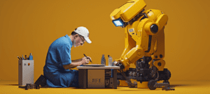 a man kneeling next to a yellow robot