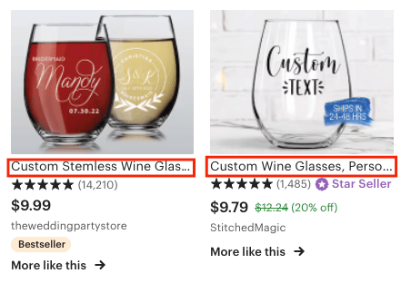 Títulos de produtos para listagens de taças de vinho personalizadas