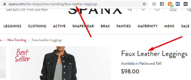 Exemplo de URL para um site que vende leggings de couro