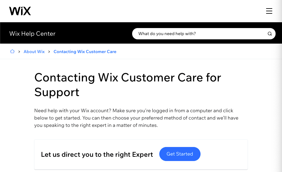 Página de suporte ao cliente para Wix