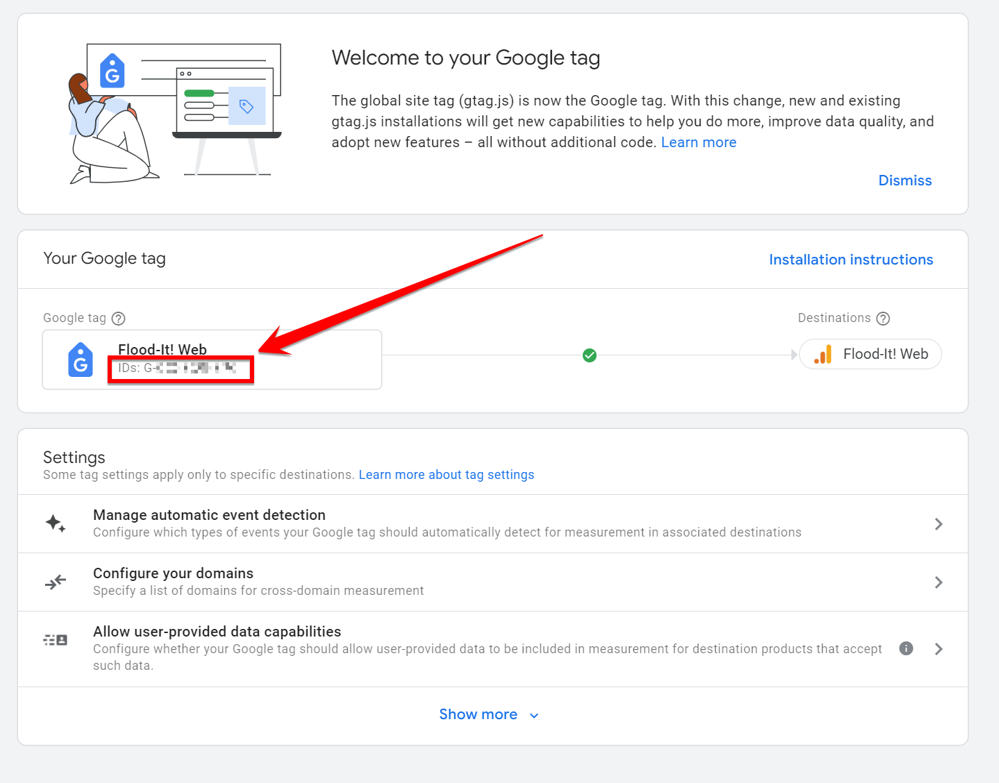 Tag do Google nas configurações do administrador