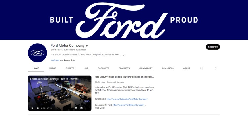 página do canal do ford no youtube