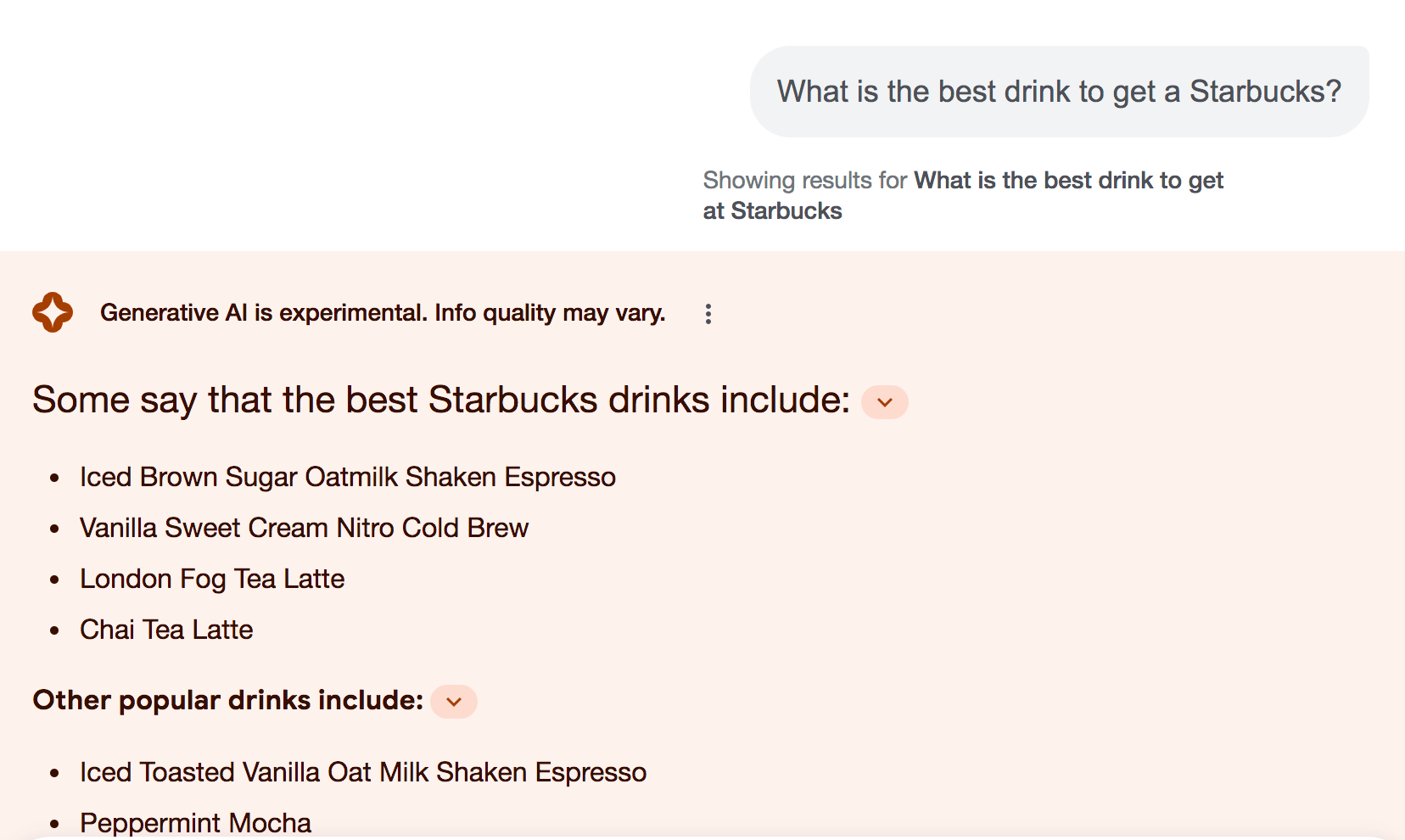 Consulta de acompanhamento sobre a Starbucks perguntando qual é a melhor bebida para tomar na Starbucks