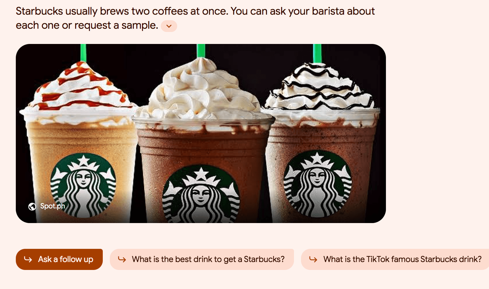 Imagem de bebidas do Starbucks com botões embaixo pedindo para dar continuidade à consulta