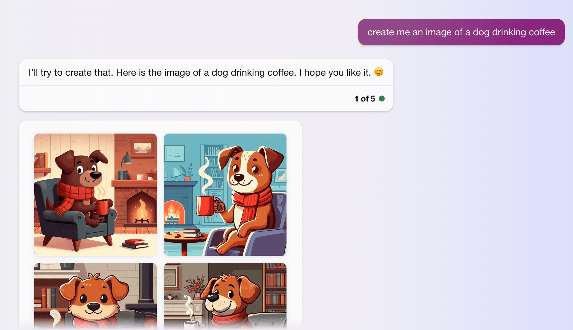 Bing AI gerando quatro imagens de desenhos animados de cães tomando café