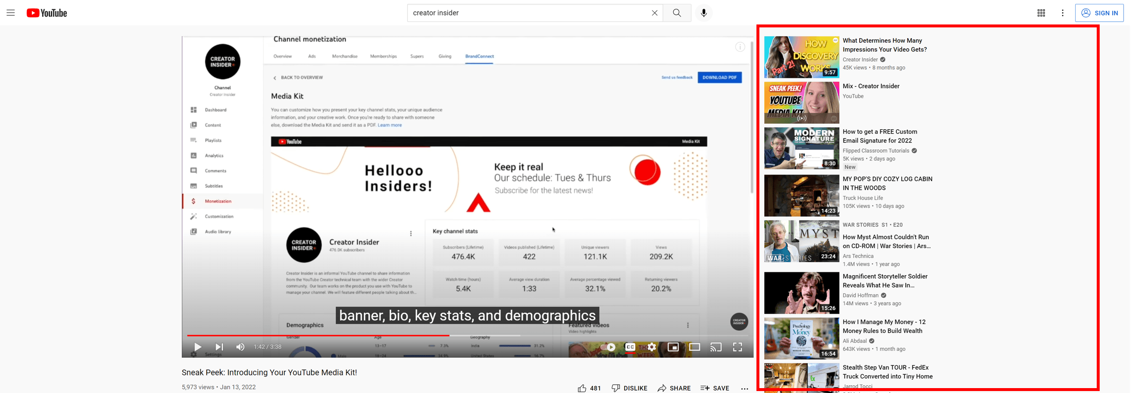 Vídeos sugeridos junto com um vídeo principal no YouTube