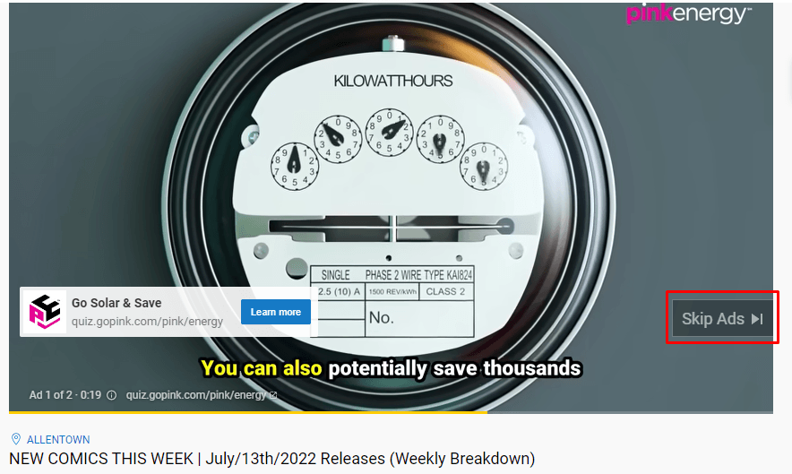 Anúncio TrueView mostrando o botão de pular anúncio