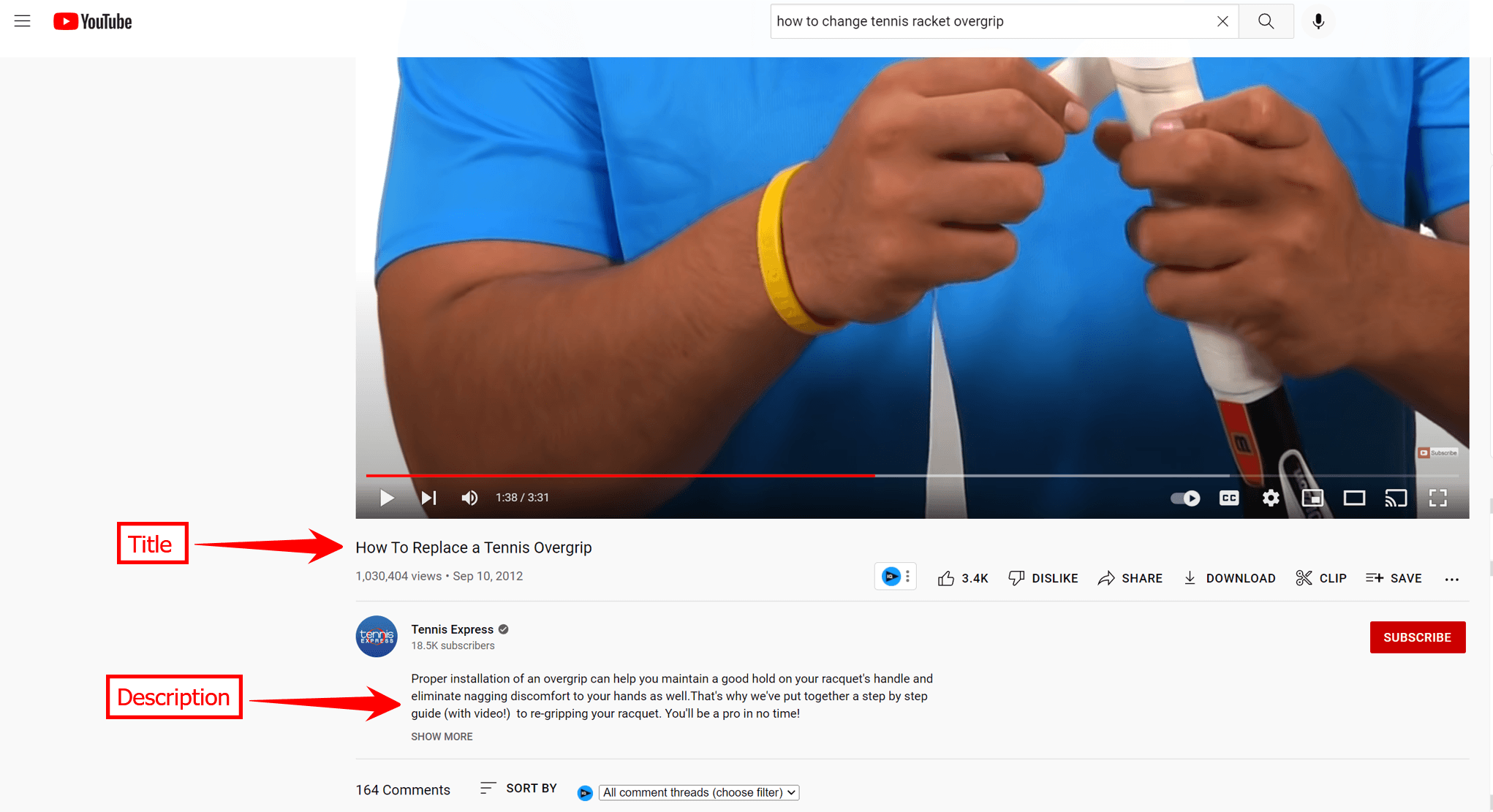 O título e a descrição de um vídeo do YouTube sobre como colocar overgrip em uma raquete de tênis