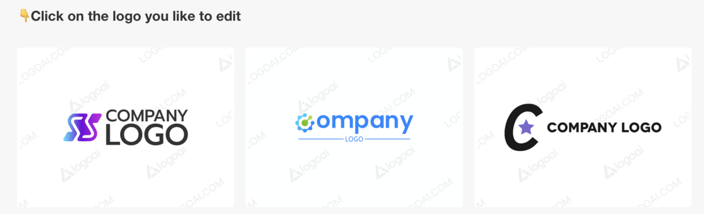 Três designs de logotipo de empresa gerados por IA com diferentes cores e estilos de layout para edição.