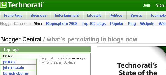 Technorati Blogging Central - captura de tela.,