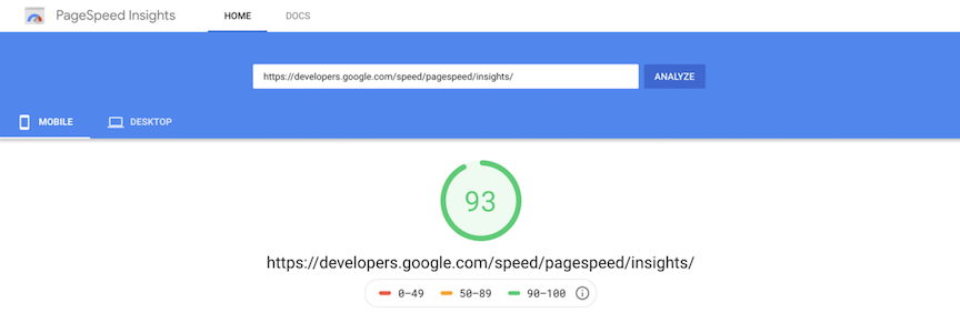 Exemplo de relatório do PageSpeed ​​​​Insights