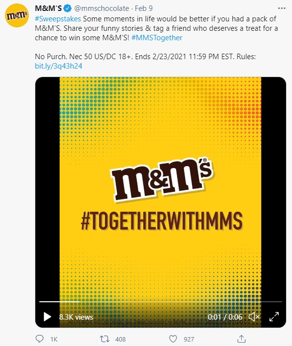 Postagem no Twitter de M&M’s sobre sorteios