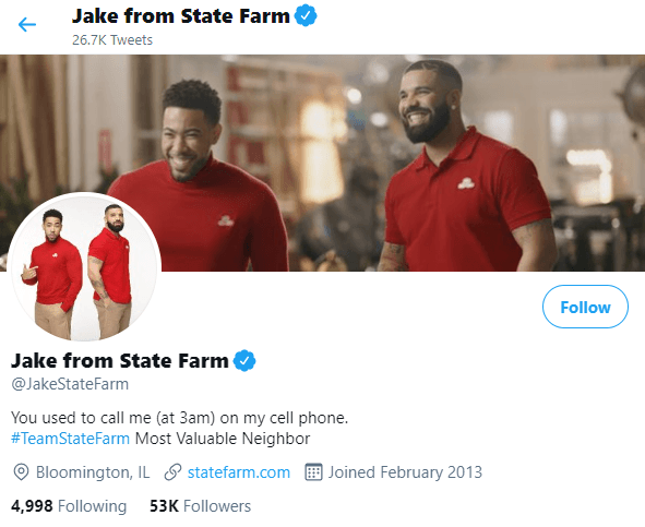 Jake do perfil do Twitter da State Farm