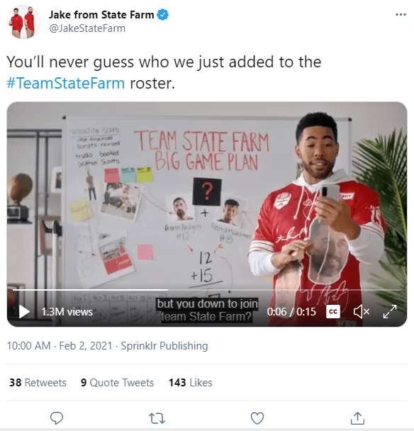 Tweet de Jake da State Farm antes do Super Bowl