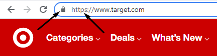 Site da Target mostrando recursos de segurança do site, como cadeado e https no endereço