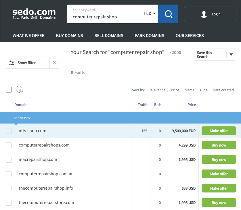 Preços listados na Sedo pelo valor de um domínio