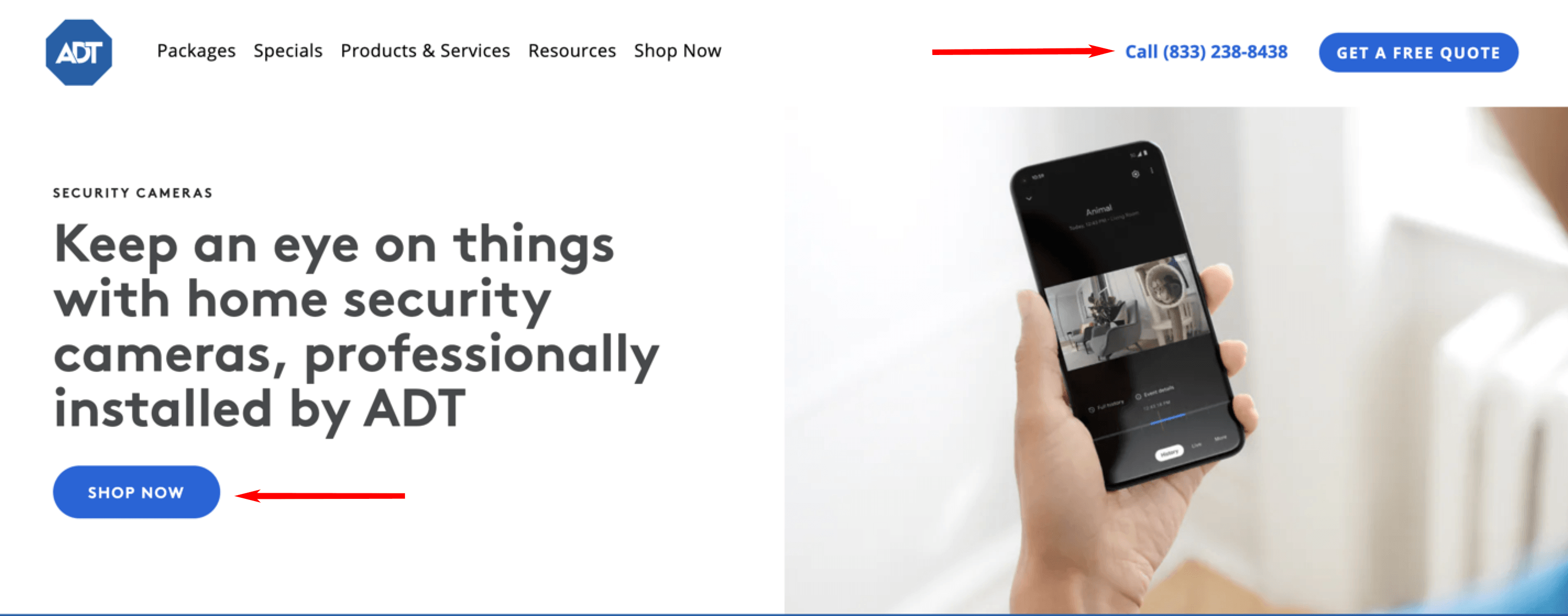 Exemplo de CTA do site da ADT.