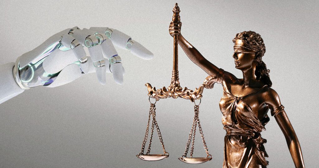 Imagem é uma montagem fotográfica que une duas imagens. A primeira é uma mão de robô em direção à estátua que representa a justiça: um mulher com venda no solhos segurando uma balança de peso