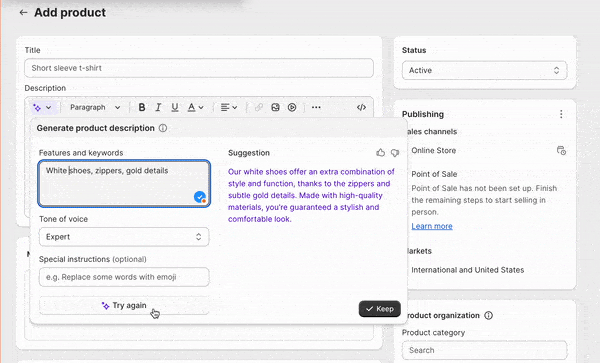 GIF animado mostrando uma ferramenta alimentada por IA gerando uma descrição de produto para sapatos a partir de palavras-chave e um 