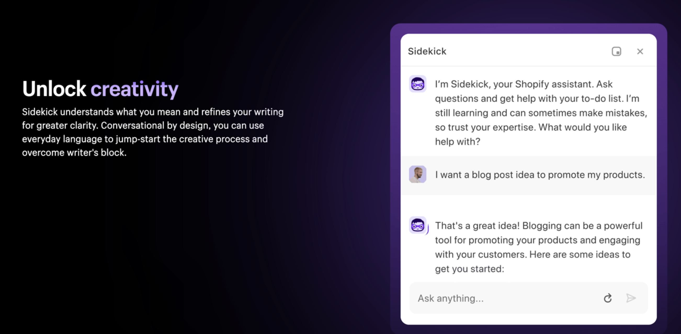 Uma imagem promocional do Shopify Sidekick, um assistente de IA que ajuda 