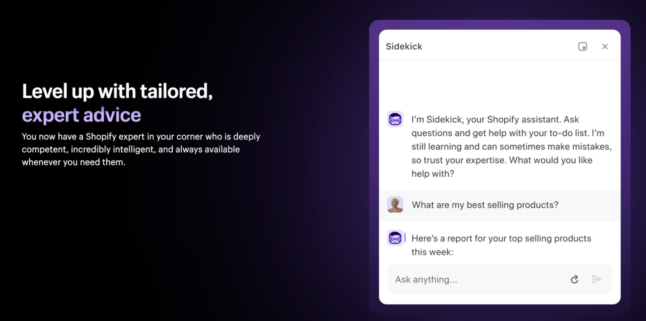 Uma imagem promocional do Shopify Sidekick, um assistente de IA que fornece consultoria especializada e personalizada e relatórios sobre métricas de negócios