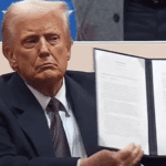 20.jan.2025 - O presidente dos EUA, Donald Trump assina atos oficiais do governo na Arena Capital One, em Washington, nos EUA.