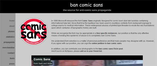 Proibir a imagem do site da Comic Sans