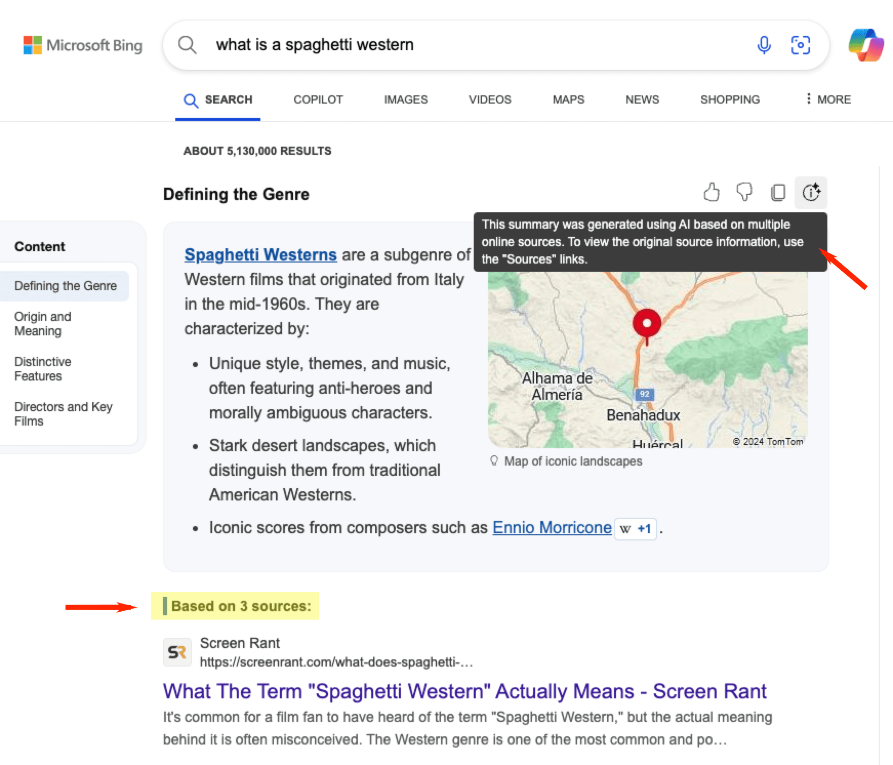 Exemplo de resumo do Microsoft Bing AI nos resultados de pesquisa