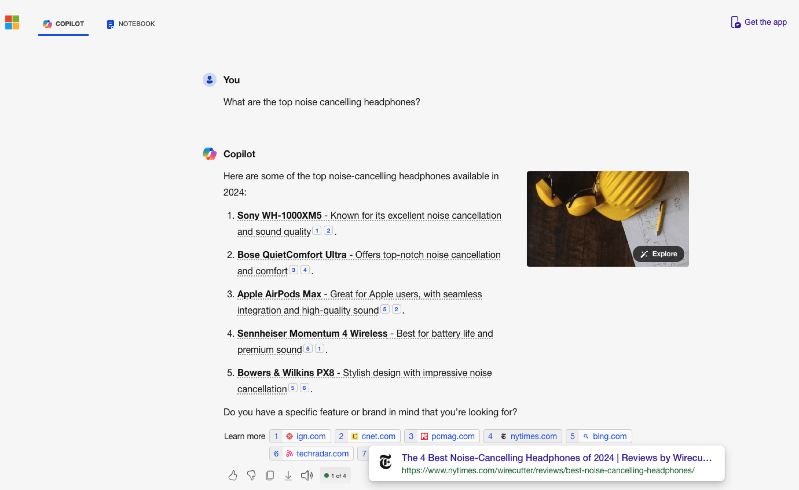 Menções de marca na resposta de copiloto