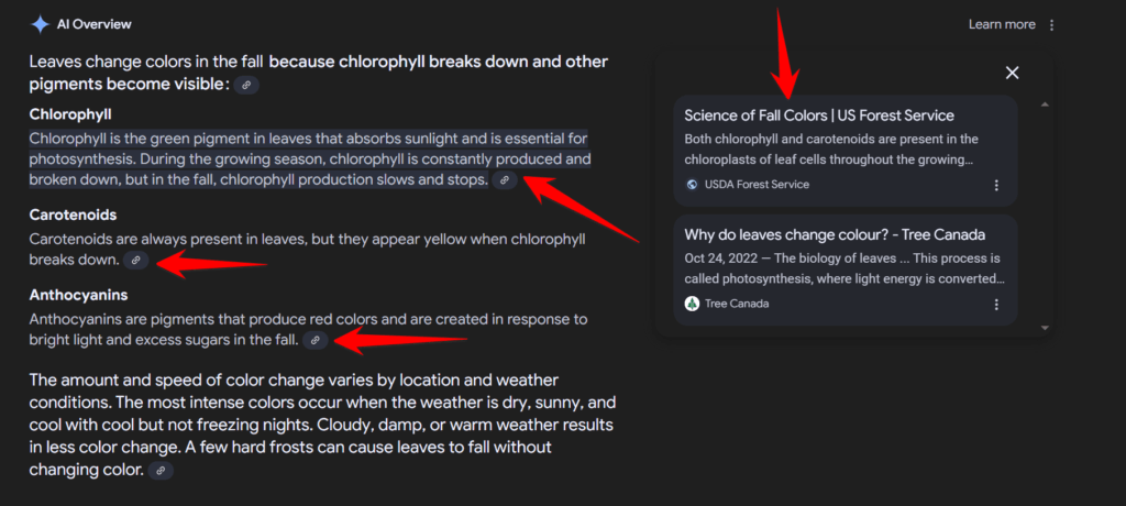 Setas vermelhas apontando para as fontes de resultados generativos de IA