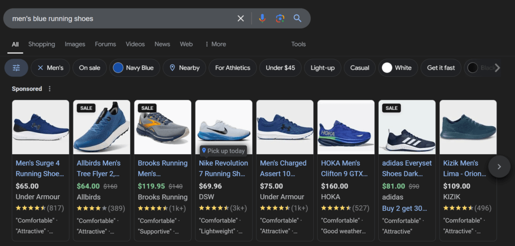 Anúncios para tênis de corrida azul no Google