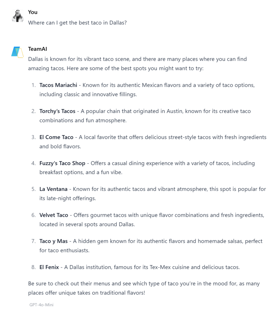 Consulta de IA generativa sobre tacos