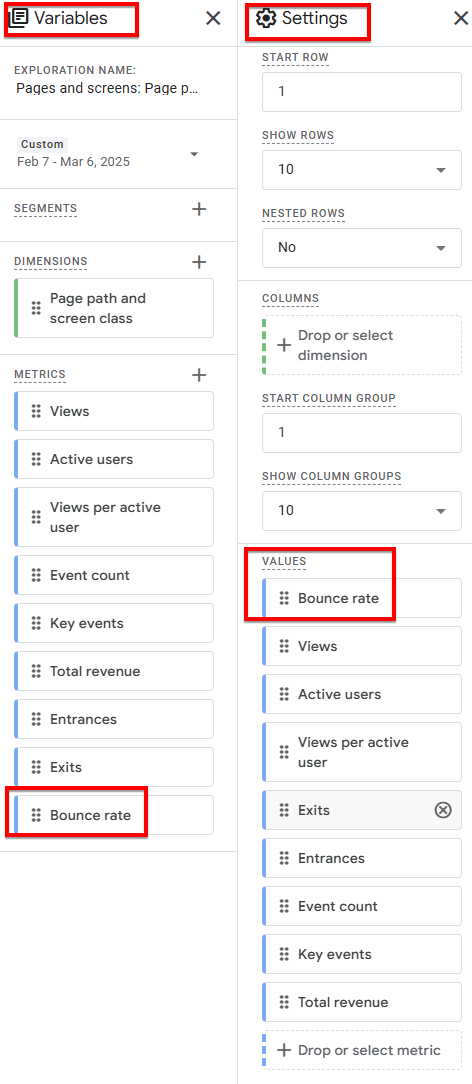 Colunas de configurações de variáveis ​​de exploração GA4