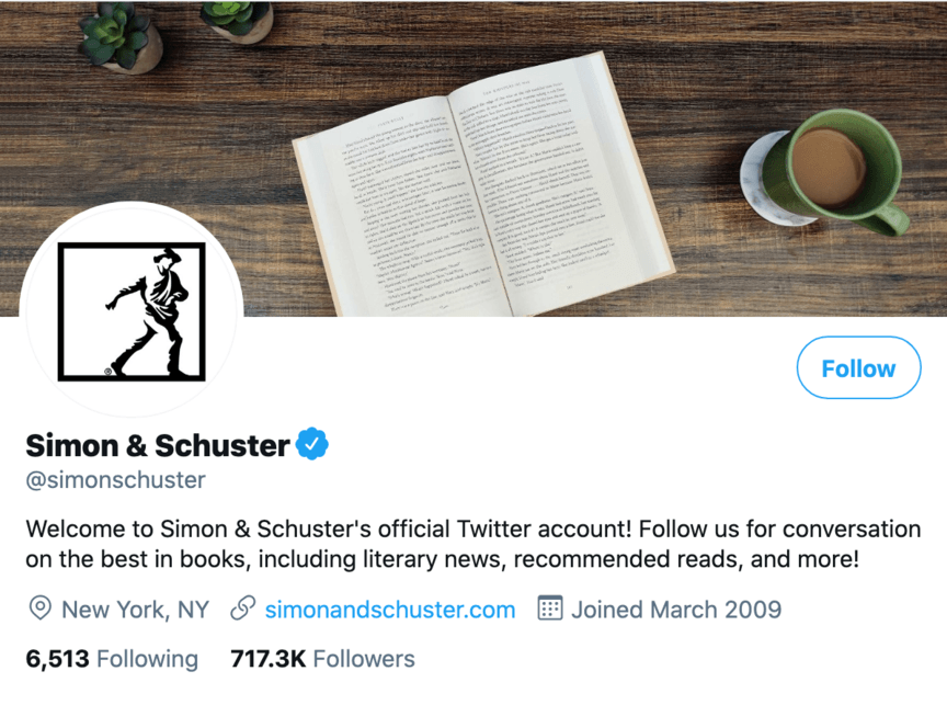 Perfil de mídia social de Simon e Schuster Twitter