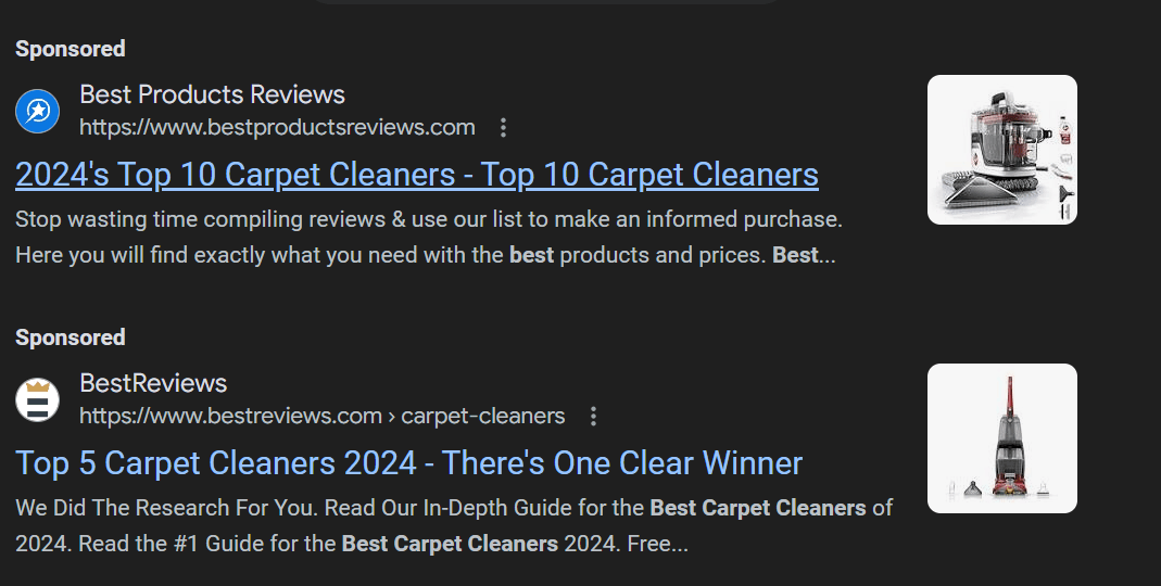 Anúncios PPC para produtos de limpeza de carpetes