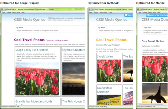 Media Query renderizando uma página da web com diferentes agentes de usuários no IE9.