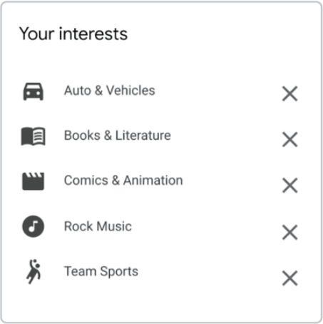 Lista de opções de interesse do Google