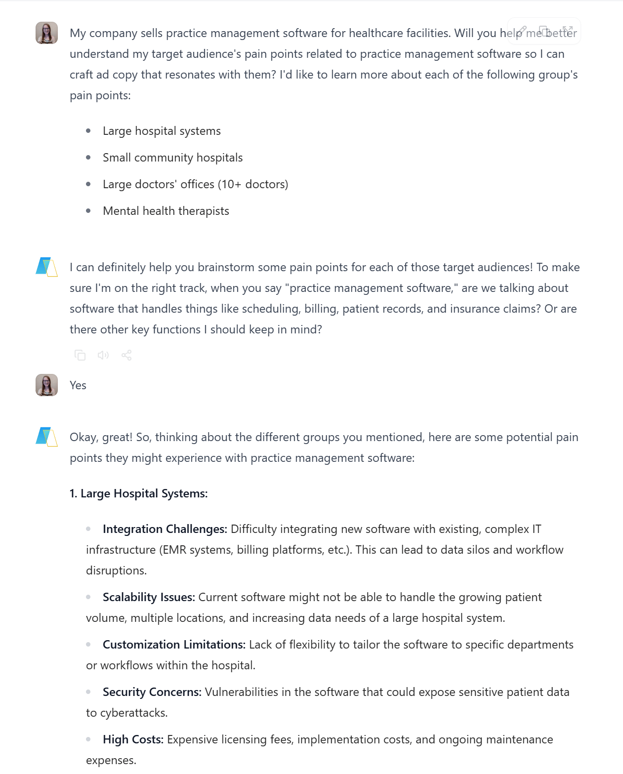 Um bate -papo em Teamai pedindo um colapso dos pontos problemáticos para vários tipos de instalações de saúde ao escolher um software de gerenciamento de prática