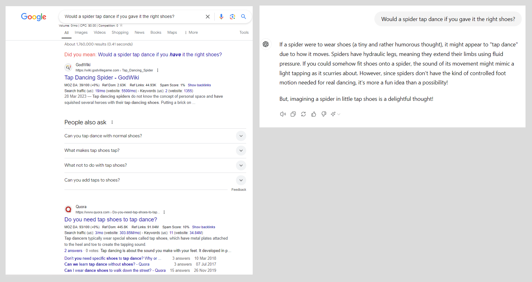 Lado a lado: resultados de pesquisa do Google mostrando links e snippets versus parágrafo explicativo do ChatGPT com botões de engajamento