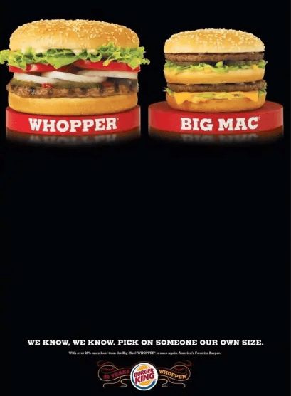 Exemplo de publicidade comparativa do Burger King vs McDonald's