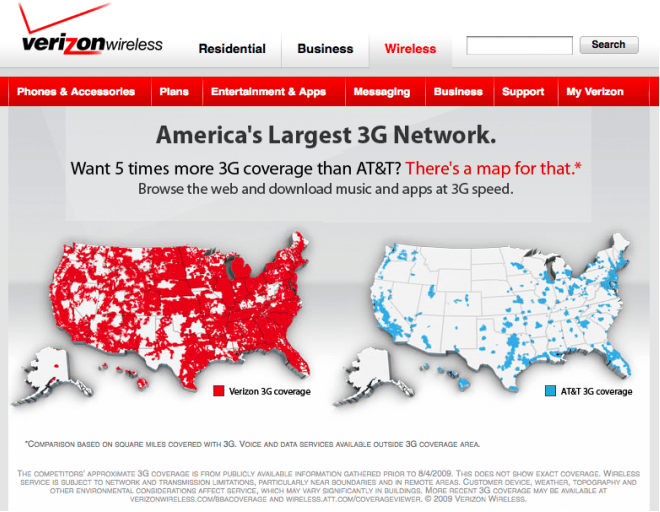 Exemplo de publicidade comparativa da Verizon vs AT&T