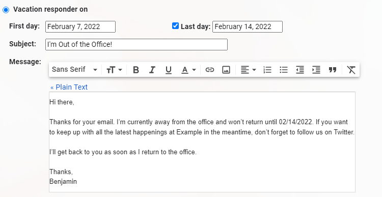 Exemplo de promoção de mídia social das mensagens fora do escritório