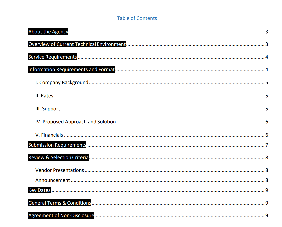 Índice em um pedido de proposta