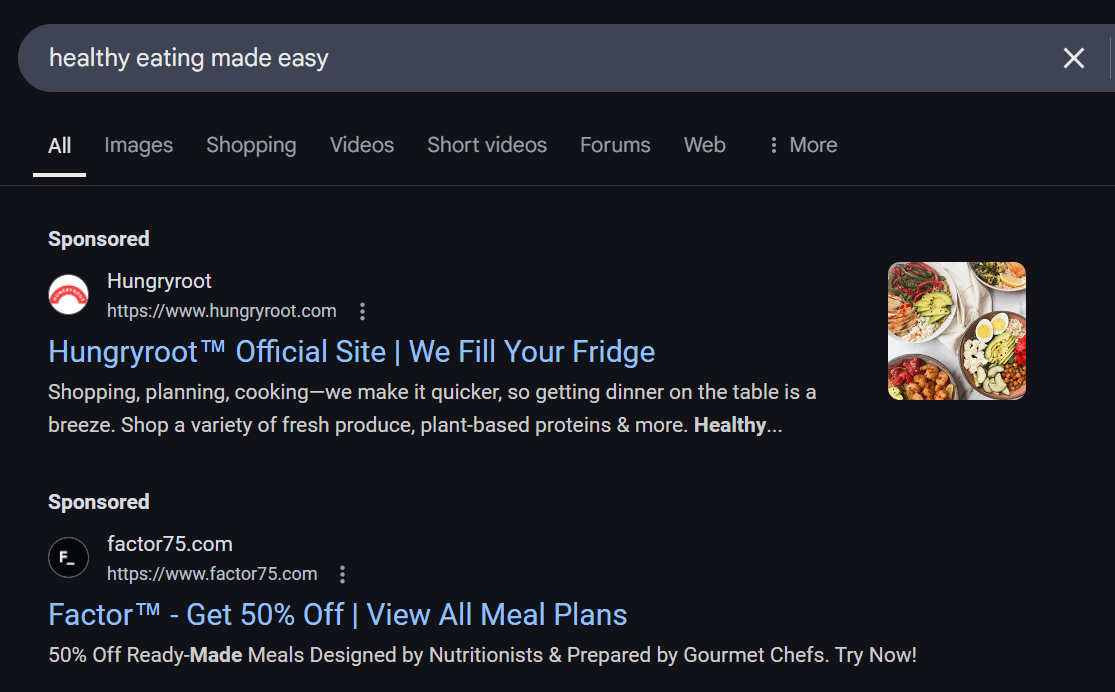 Anúncio PPC direcionado à alimentação saudável facilitada