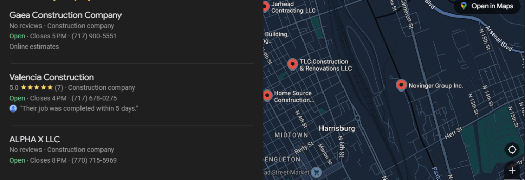 Perfil de negócios do Google para empresa de construção