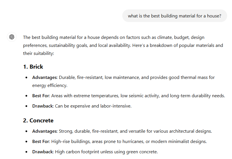Chatgpt, fornecendo uma resposta sobre materiais de construção