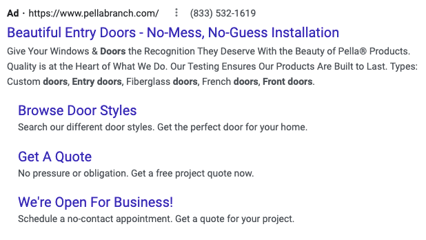 Anúncio de pesquisa paga para Pella