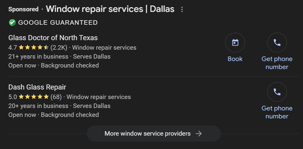 Anúncios de serviços locais do Google para serviços de reparo de janelas
