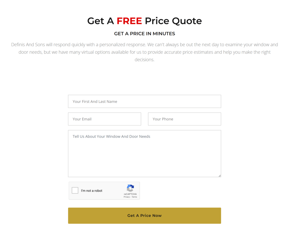 Formulário de envio de cotação de preço gratuito em um site de porta e janela